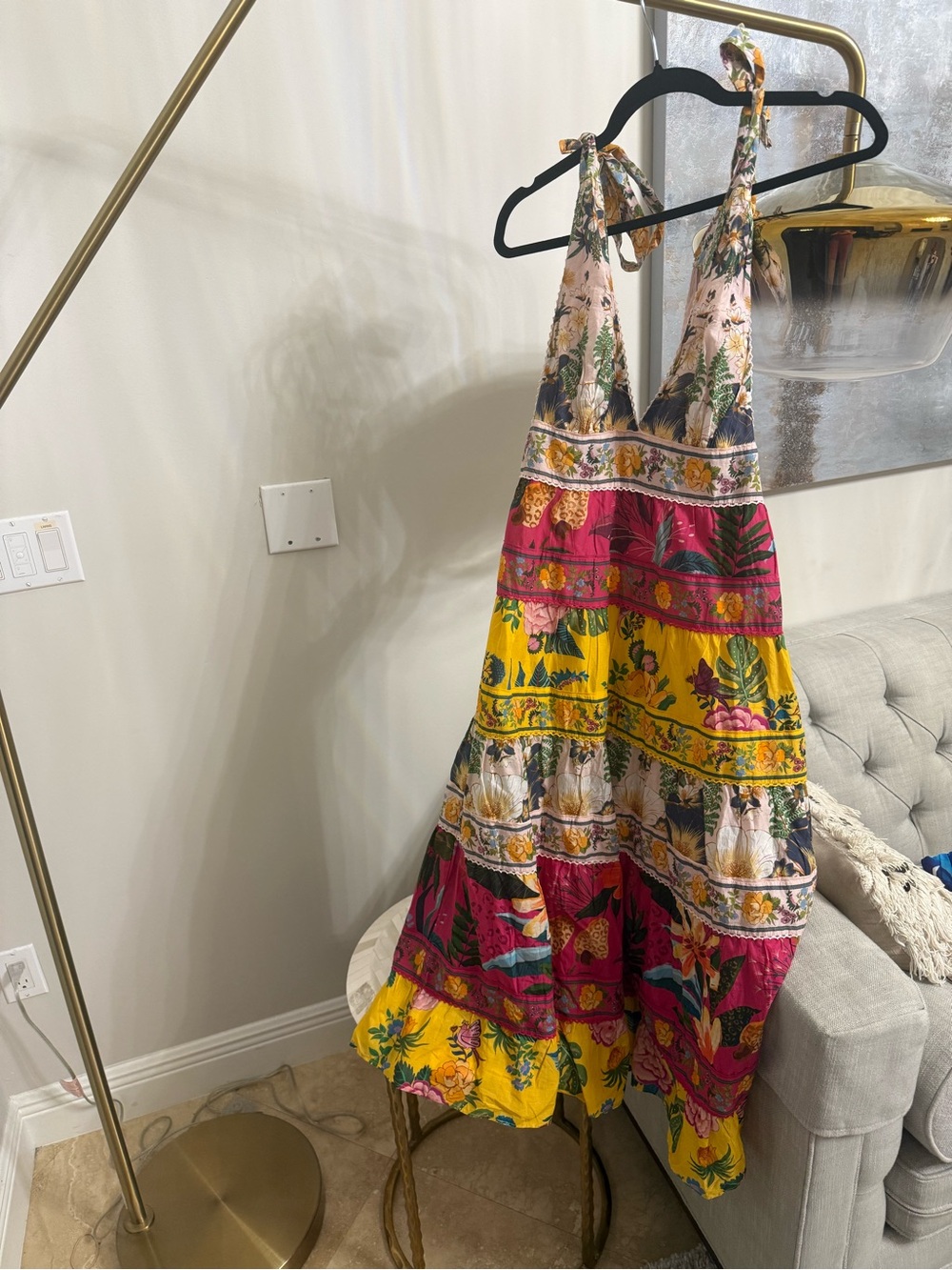 FARM Rio Yellow Pink Floral Tiered Tie-Shoulder Maxi Dress